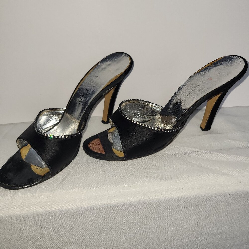 Open toe Black stiletto heels with Rhinestones Size 7.5